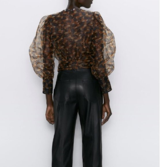 ZARA brown black printed organza blouse BISHOP SLEEVES bow NWT - Picture 5 of 7